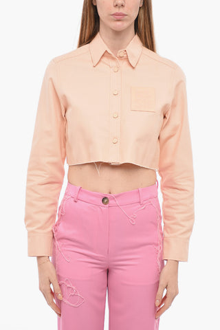 Denim Cropped Fit Overshirt with Raw Cut Edge