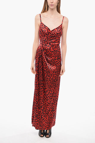 Animal Patterned Silk Satin Slip Dress with Draping