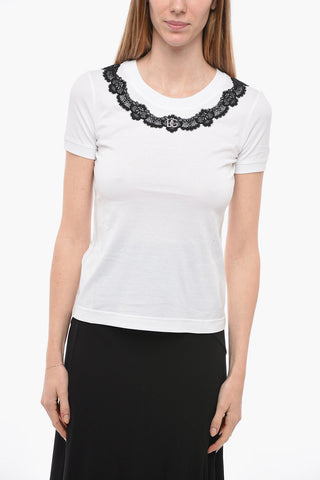 Crew Neck Cotton T-Shirt with Lace Detail