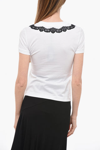 Crew Neck Cotton T-Shirt with Lace Detail