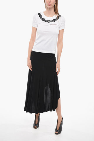 Crew Neck Cotton T-Shirt with Lace Detail