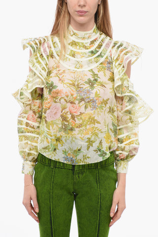 Floral Patterned Linen and Silk EDEN Cold-Shoulder Blouse