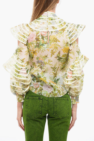 Floral Patterned Linen and Silk EDEN Cold-Shoulder Blouse