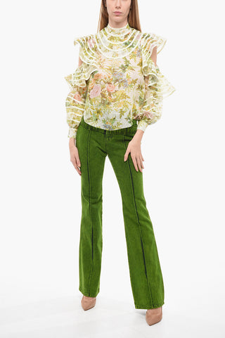 Floral Patterned Linen and Silk EDEN Cold-Shoulder Blouse