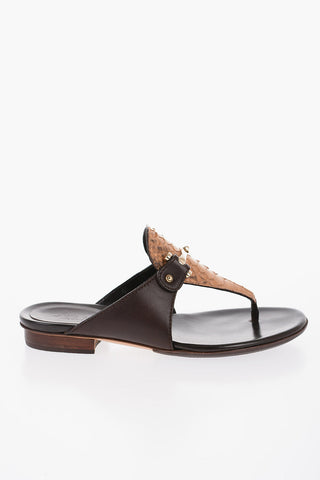 Python Leather Thong Flats with Buckle Embellishment