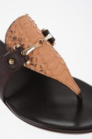 Python Leather Thong Flats with Buckle Embellishment
