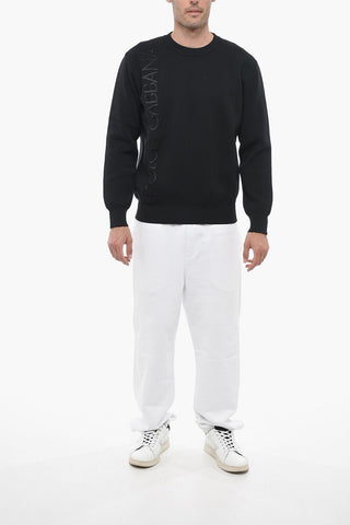 Crew Neck Stretch Fabric Sweater with Embroidered Logo