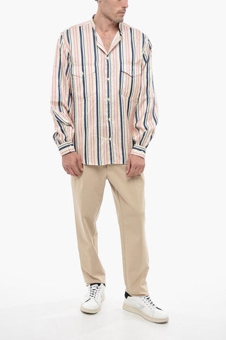 Silk Striped Shirt with Band Collar