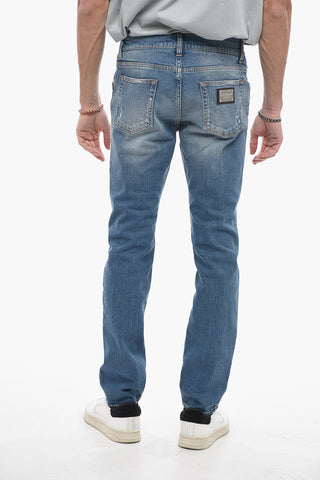 Jeans Slim Fit in Cotone Stretch con Dettagli Distressed 16cm
