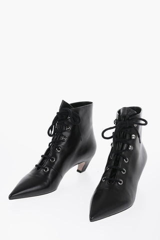 Stivaletti In Pelle Lace-Up A Punta Stretta Tacco 4 cm