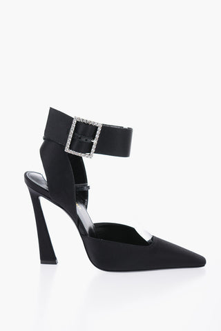 Pointed Satin Sandals With Rhinestoned Buckle Heel 11 cm