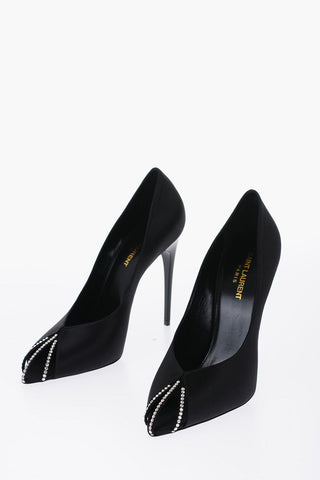 Open Toe Satin Pumps With Rhinestones Details Heel 11 cm