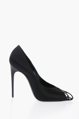 Open Toe Satin Pumps With Rhinestones Details Heel 11 cm
