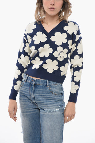 Jacquard Wool Blend Sweater with Floral Motif