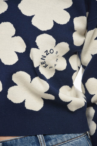 Jacquard Wool Blend Sweater with Floral Motif