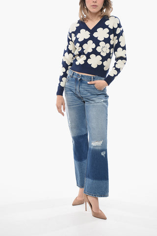 Jacquard Wool Blend Sweater with Floral Motif