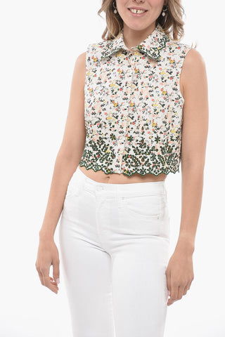 Camicia Crop Smanicata con Dettagli in Sangallo