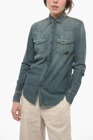 Camicia in Denim Stone Washed con Bottoni a Pressione
