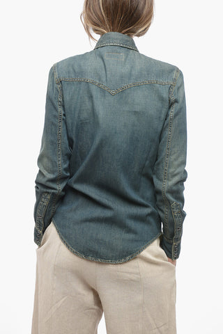 Camicia in Denim Stone Washed con Bottoni a Pressione