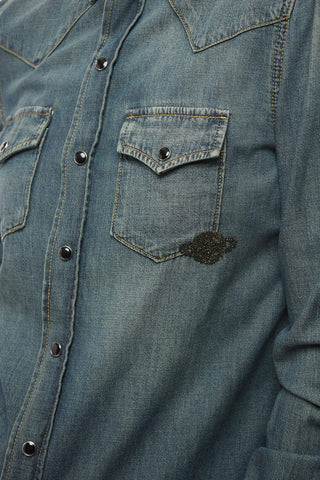 Camicia in Denim Stone Washed con Bottoni a Pressione