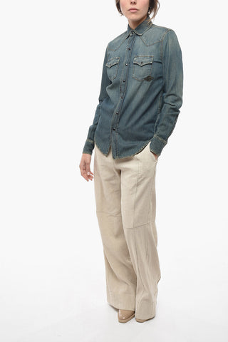 Camicia in Denim Stone Washed con Bottoni a Pressione