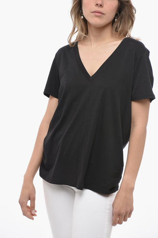 T-shirt Collo a V in Cotone e Tinta Unita