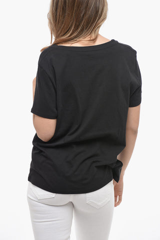 T-shirt Collo a V in Cotone e Tinta Unita
