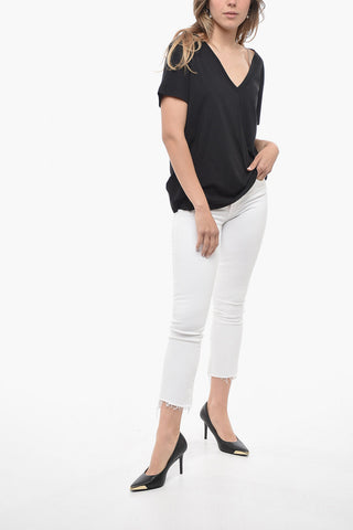 T-shirt Collo a V in Cotone e Tinta Unita
