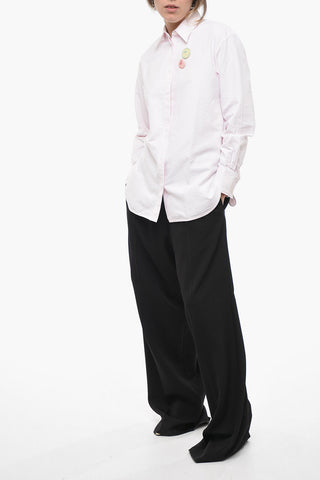 Awning Stripe Cotton Shirt with Brooches