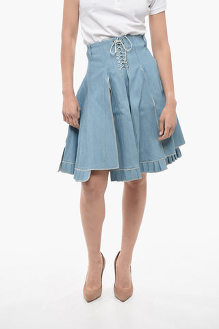 Pleated Denim Skirt with Lace-Up Detail