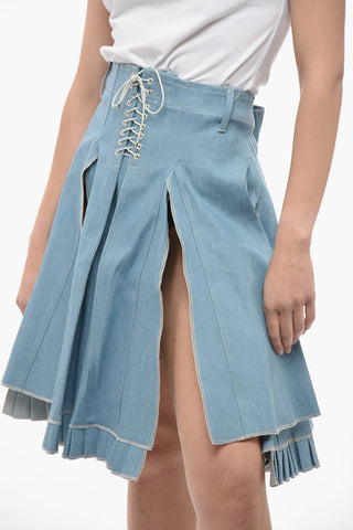 Pleated Denim Skirt with Lace-Up Detail