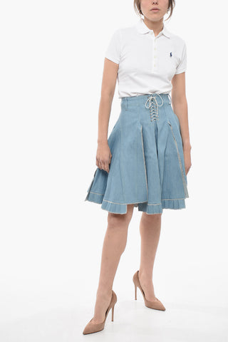 Pleated Denim Skirt with Lace-Up Detail