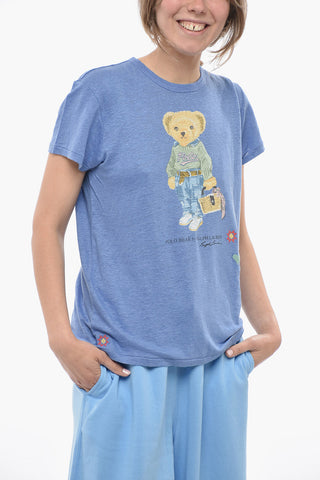 Linen Crew-neck T-Shirt with Teddy Bear Print