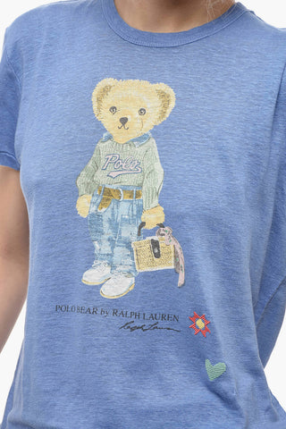 Linen Crew-neck T-Shirt with Teddy Bear Print