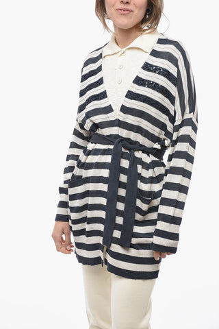 Awning Stripe Cotton Cardigan with Sequines
