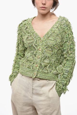 V-Neck Cable Knit Cardigan with Fringed Details