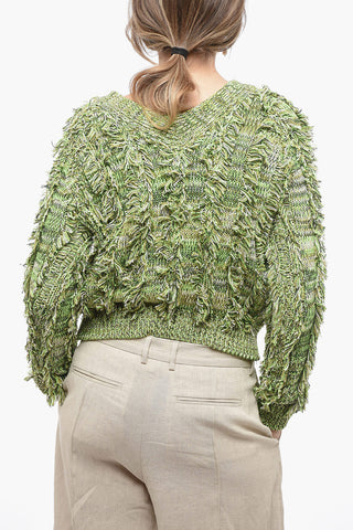V-Neck Cable Knit Cardigan with Fringed Details