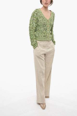 V-Neck Cable Knit Cardigan with Fringed Details