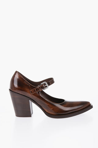 Pointed Brushed Leather Maryjanes Heel 9 cm