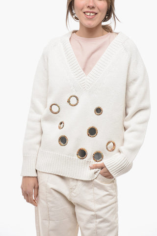 V-Neck Solid Color Sweater with Mirror Details