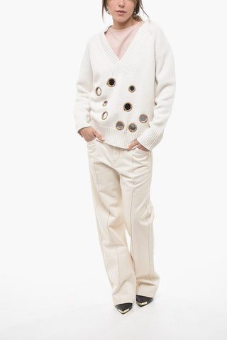 V-Neck Solid Color Sweater with Mirror Details