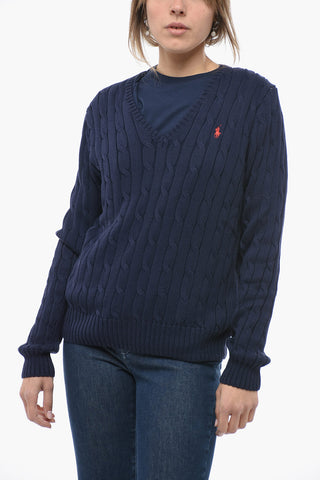 V-Neck Solid Color Cable Knit Sweater