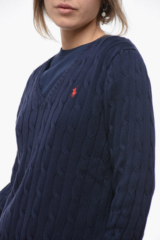 V-Neck Solid Color Cable Knit Sweater