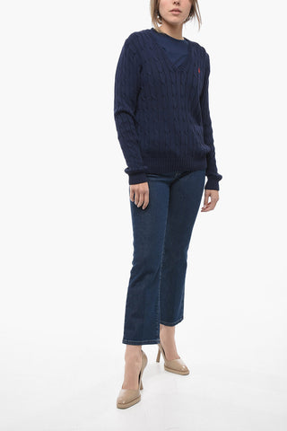 V-Neck Solid Color Cable Knit Sweater