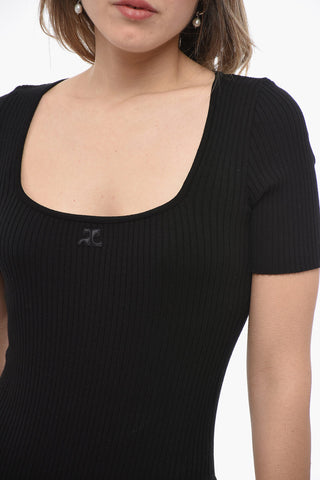 Short Sleeve Ribbed Bodysuit with Squared Neckline