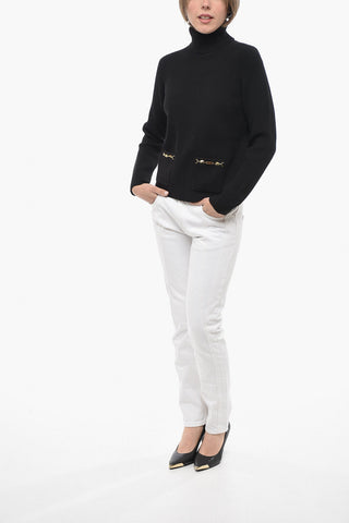 Ribbed Turtle-neck Sweater with Golden Details