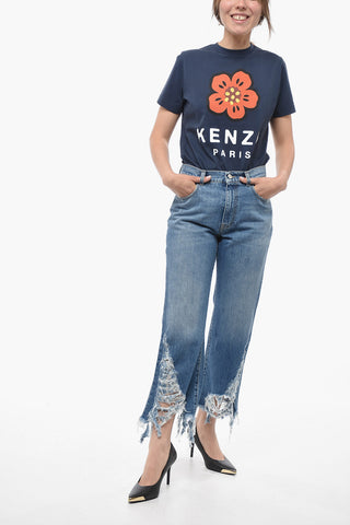 Cropped Fit Denims with Distressed Bottom 24cm