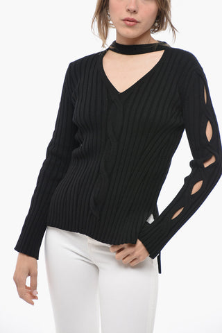 Ribbed Wool Blend Sweater with Tie Neck Detail