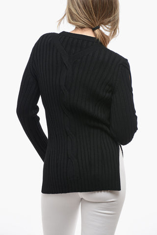Ribbed Wool Blend Sweater with Tie Neck Detail