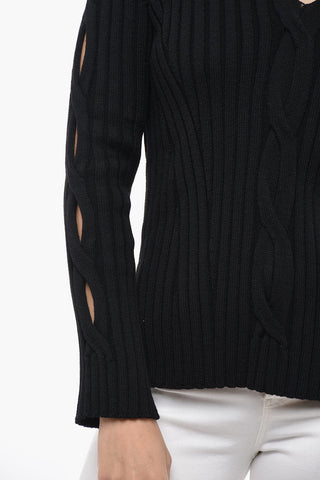 Ribbed Wool Blend Sweater with Tie Neck Detail